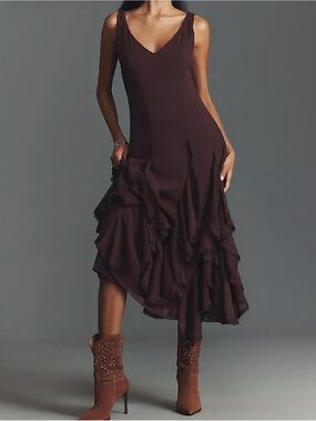Anthropologie Philomene Ruffled Midi Dress Women’s XS Dark Plum